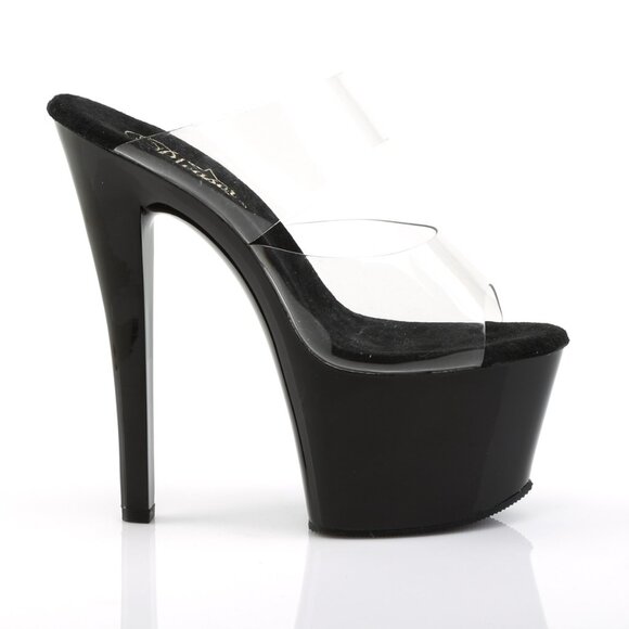 Pleaser Sky 302 Black Platform Heels with Clear Band Slip On - Picture 2 of 5